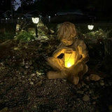 Solar Lantern Boy Statue Realistic Antique Wood Craft Child Prodigy Home Decor Sculpture Garden Lawn Decor Ornament For Gift